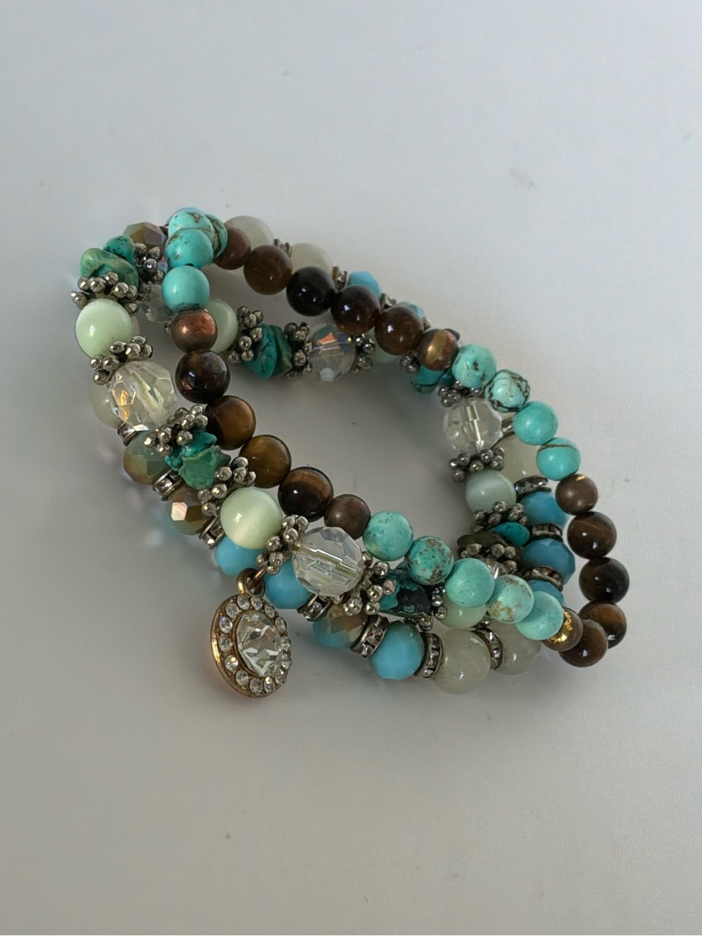 Turquoise Blue Tiger Eye Crystal Beaded Stretch Bracelets Set of 3